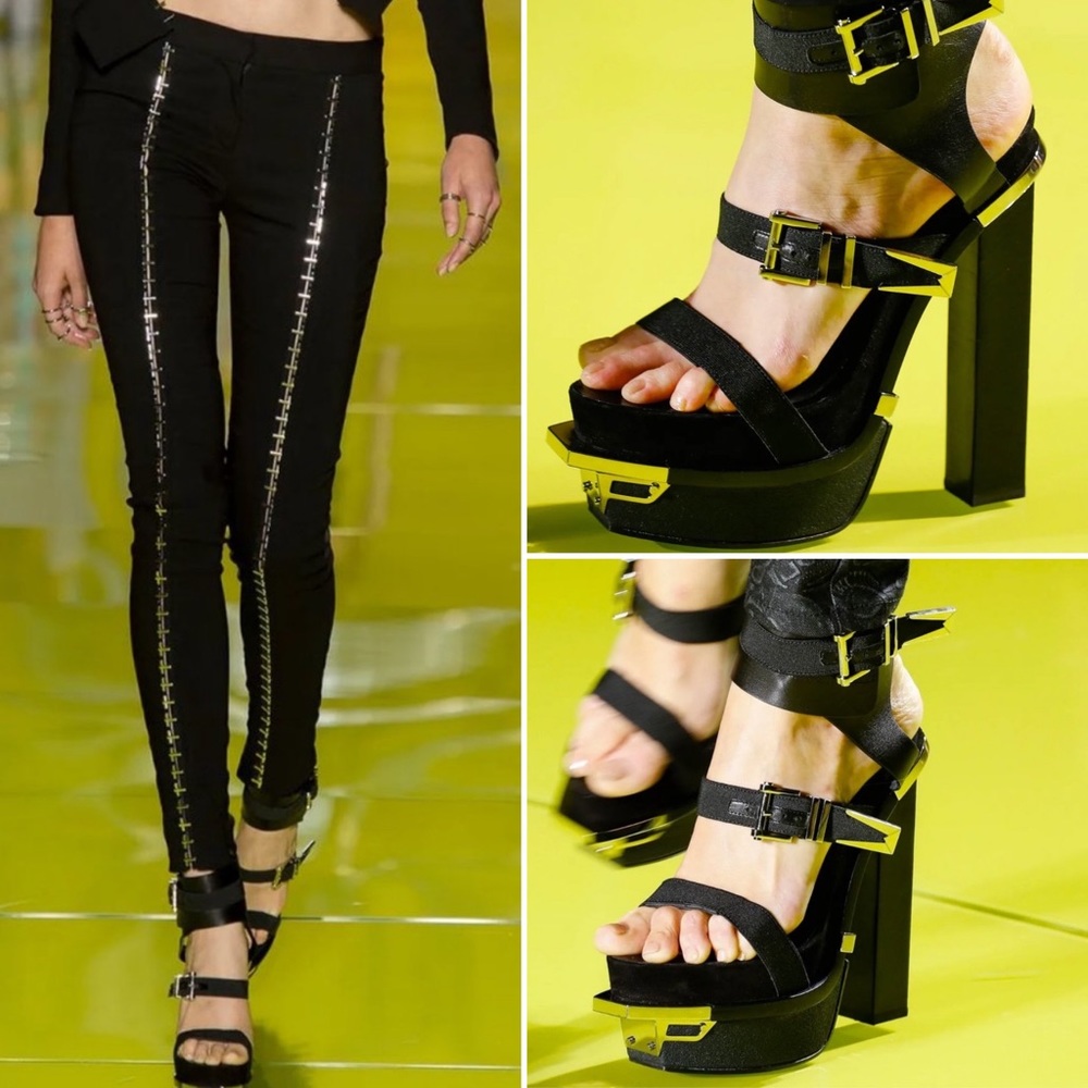 AUTH. VERSACE Black Metal Trimmed Stacked Platform …